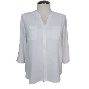 3rd + Malt Button Down Blouse Womens XL White 3/4 Roll Tab Sleeve Textured